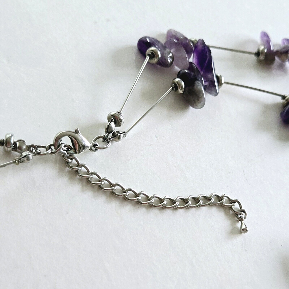 Amethyst Necklace Purple Stone Silvertone Statement Modern Brutalist Maximalist - Picture 9 of 10
